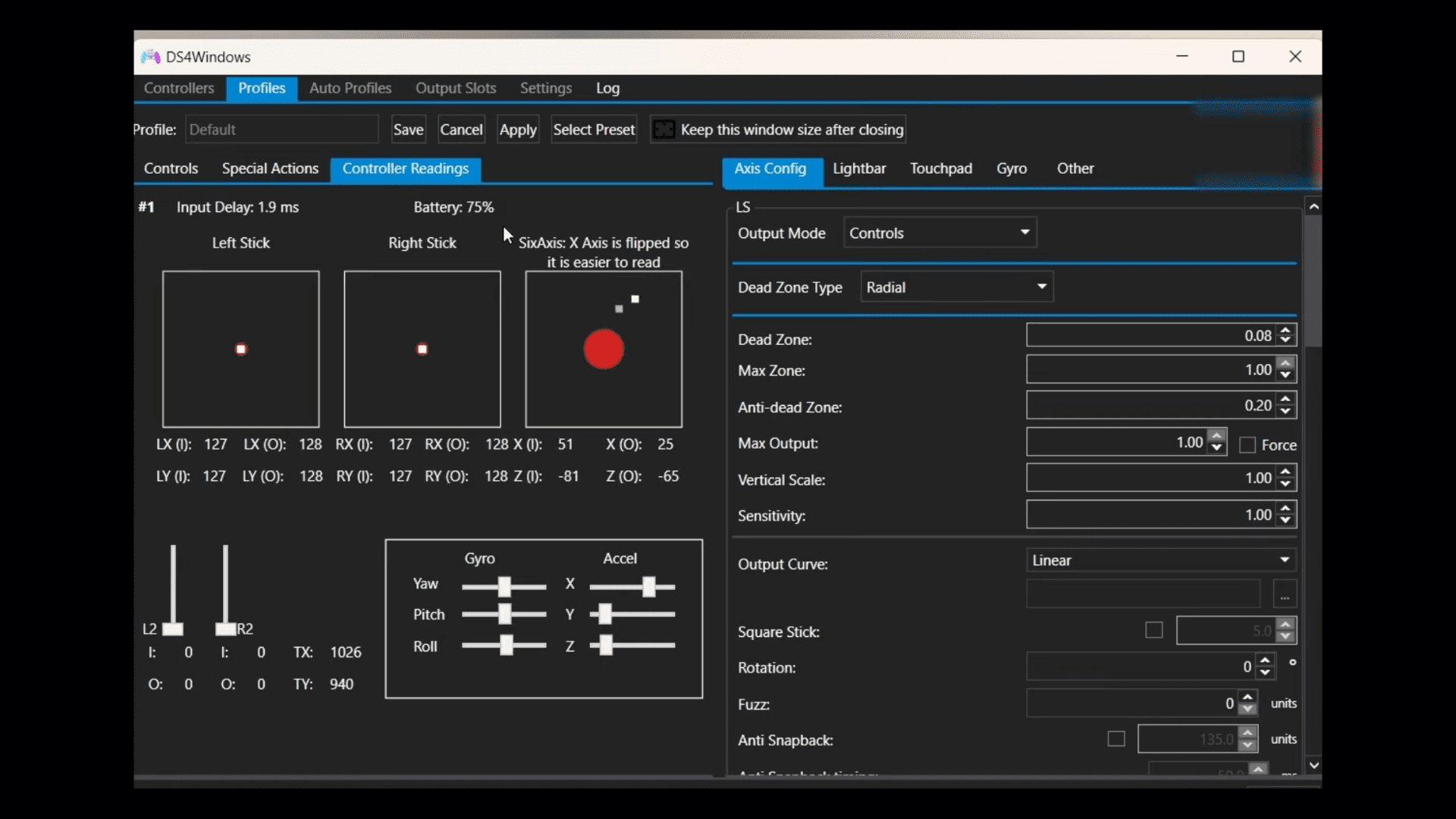 DS4Windows Axis Config - Controller Readings