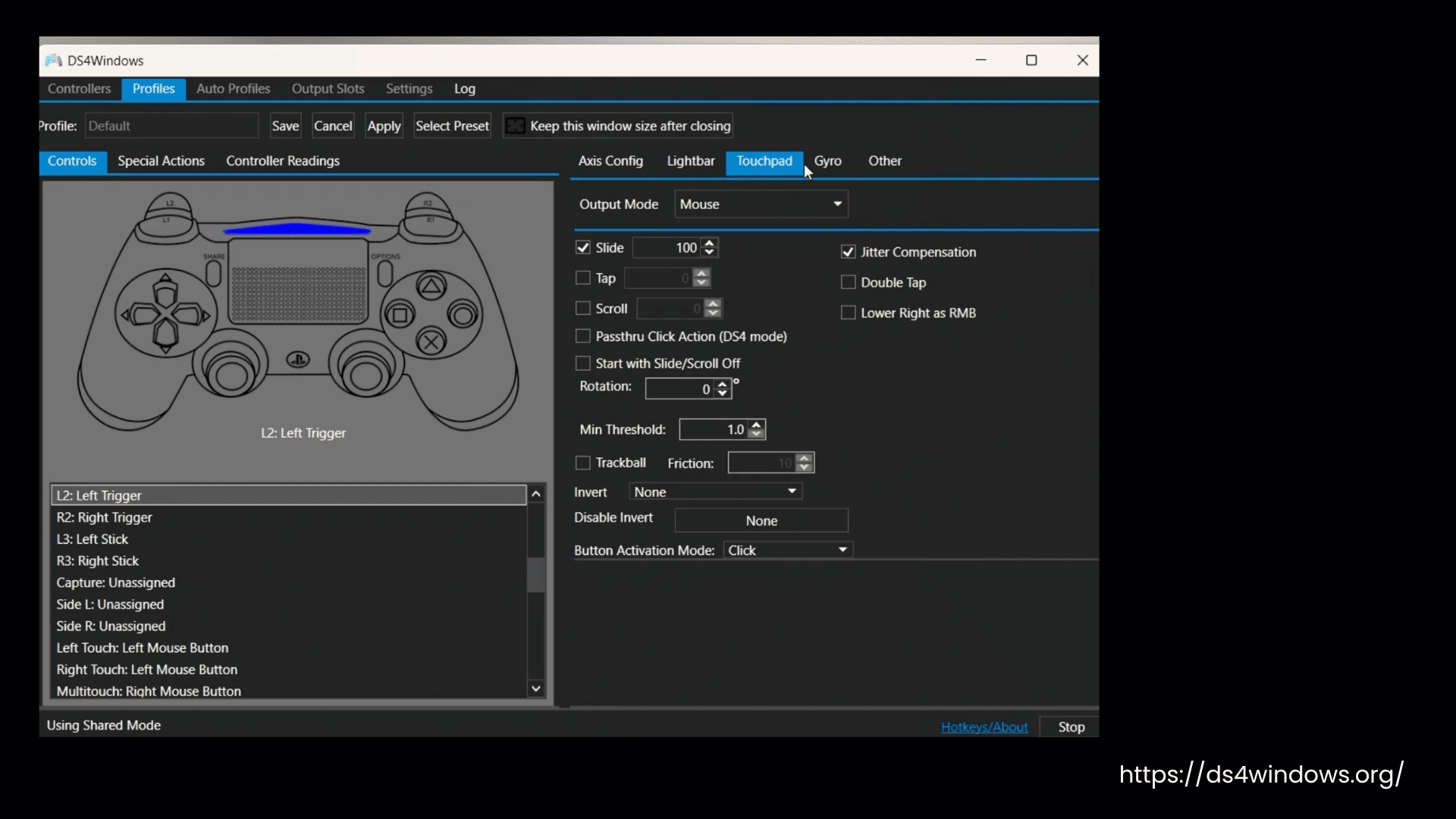 DS4Windows Touchpad Settings
