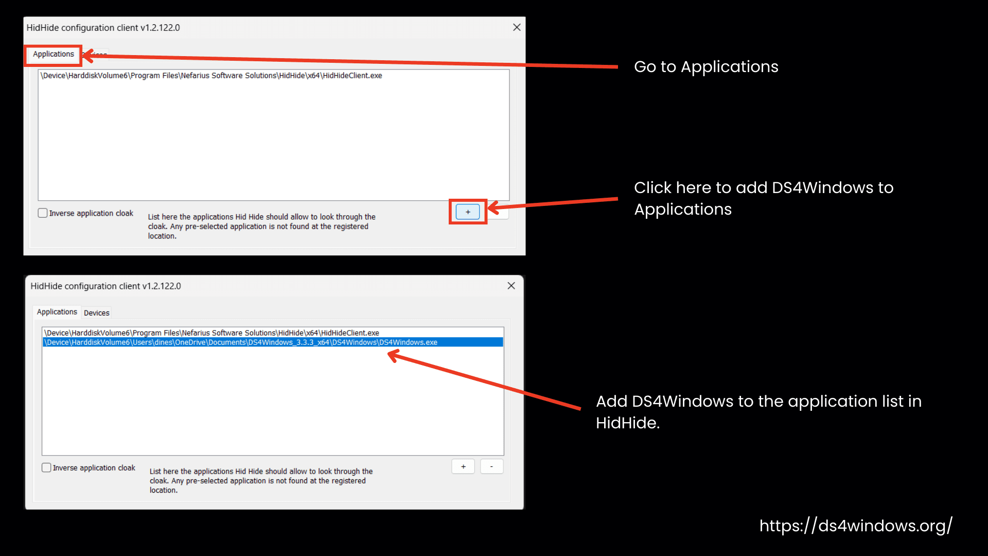 Add DS4Windows to the application list in HidHide