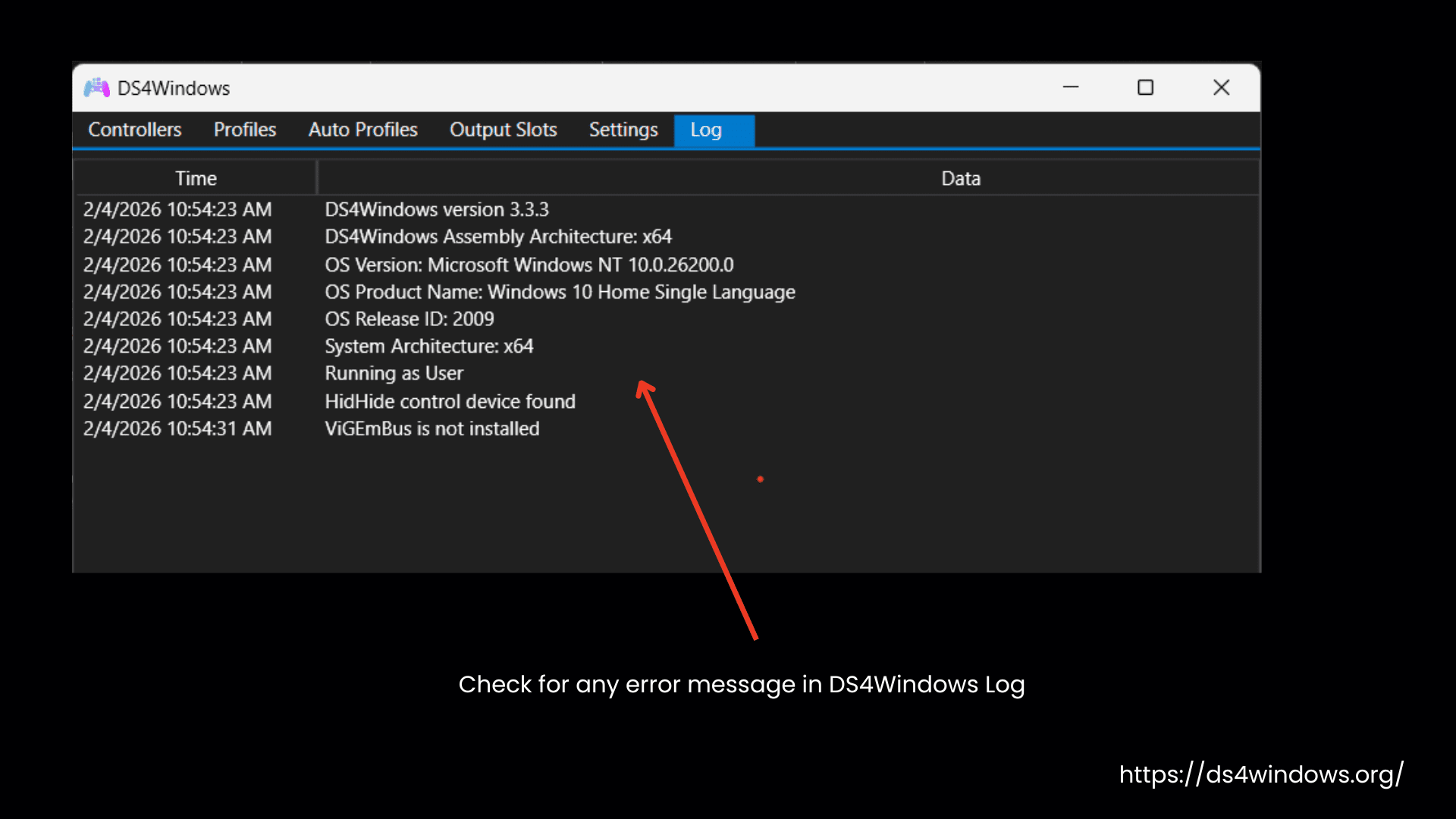 Check for error in DS4Windows Log