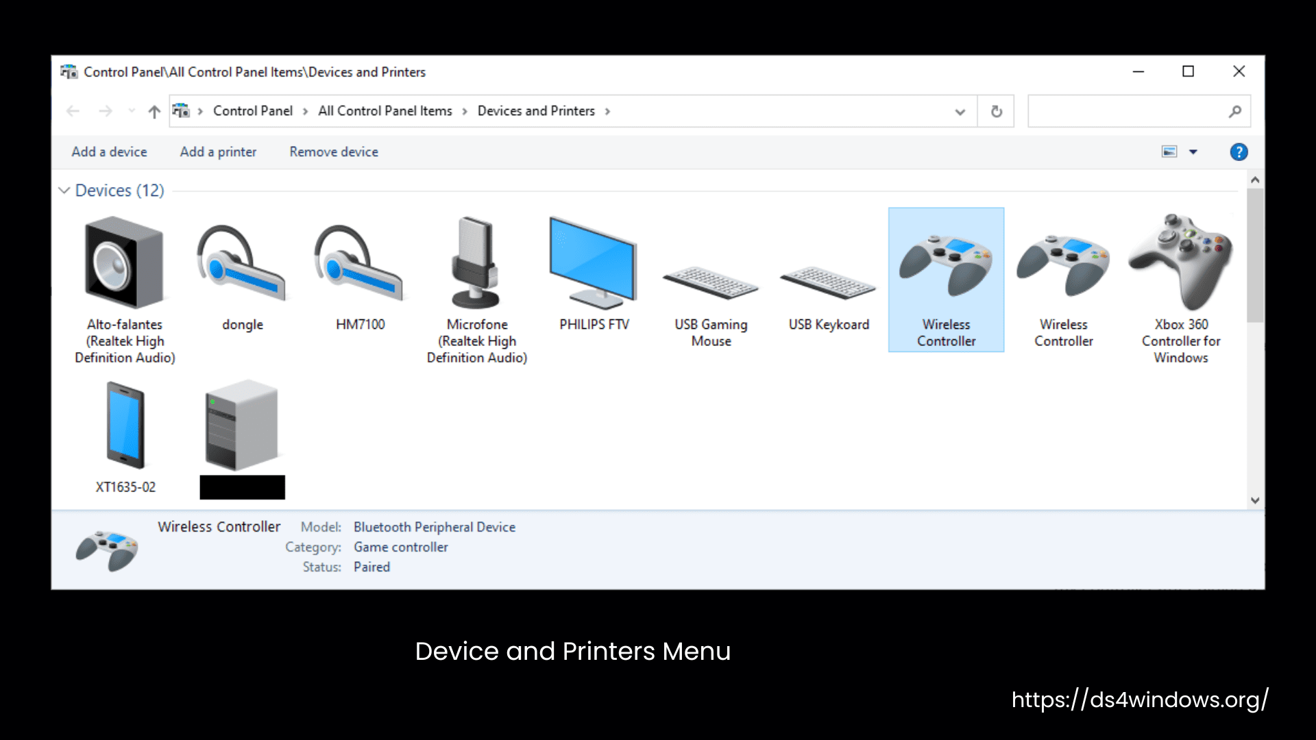 Device and Printers Menu
