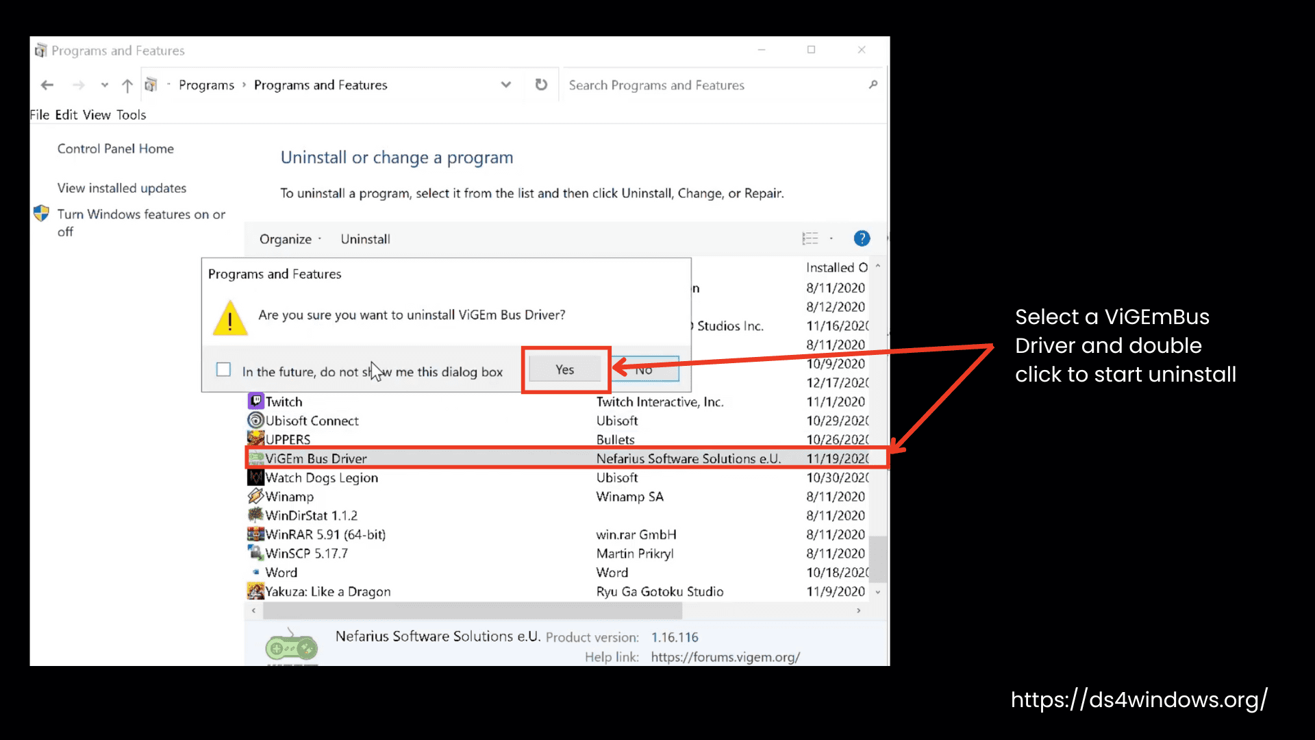 Double click to uninstall a program