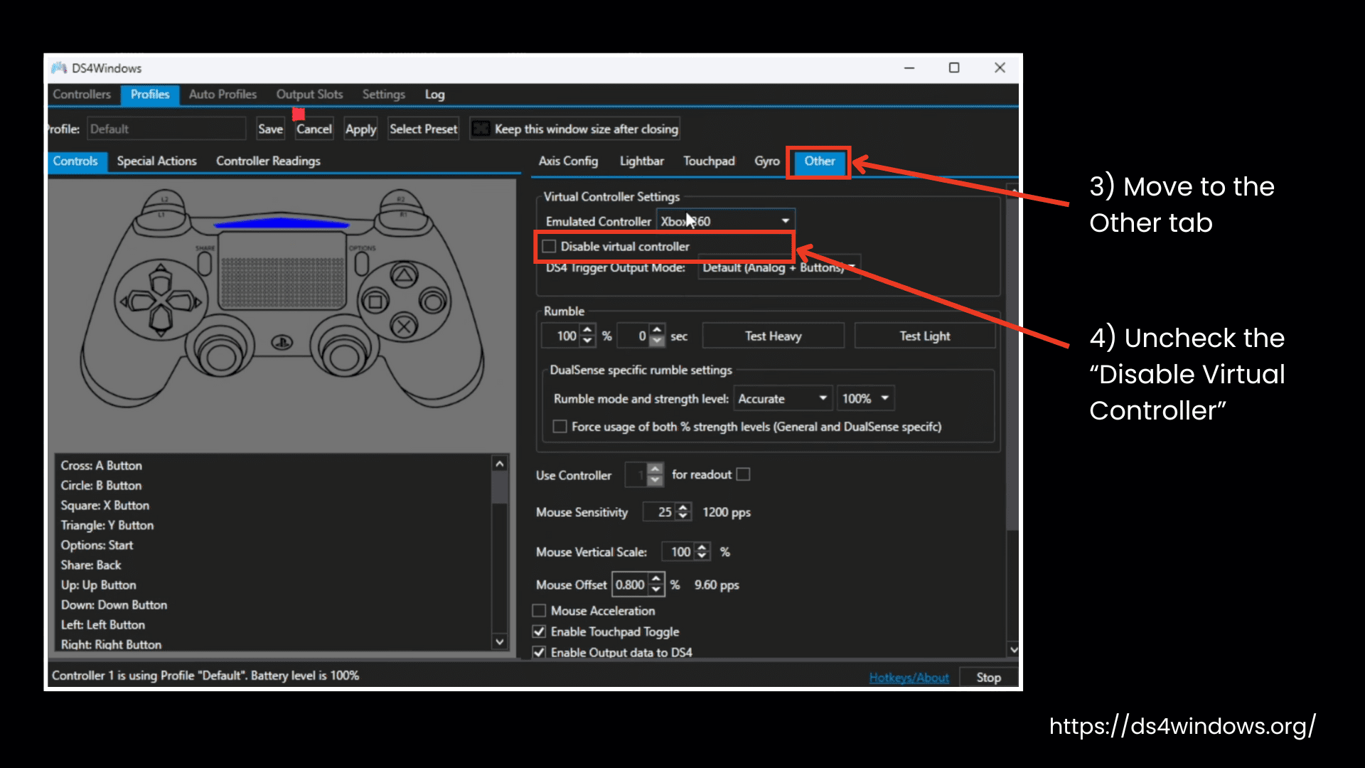 Uncheck Disable Virtual Controller